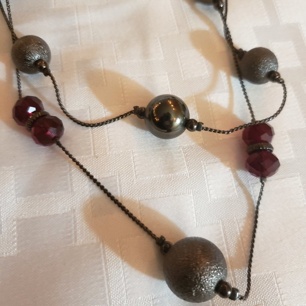 (SOLD) Red and Pewter Beaded Long Necklace Vintage